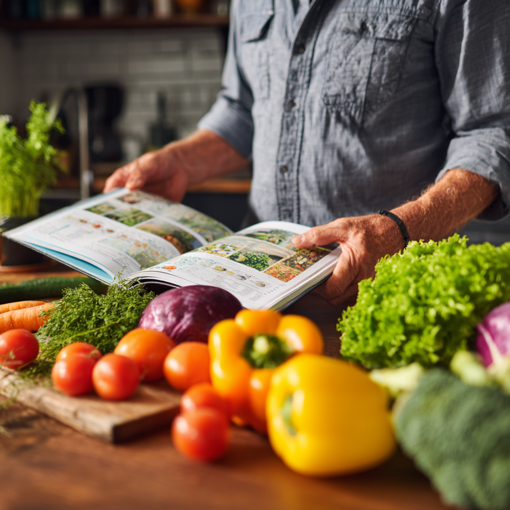 Middle-aged person planning healthy meals with fresh vegetables and nutrition guide
