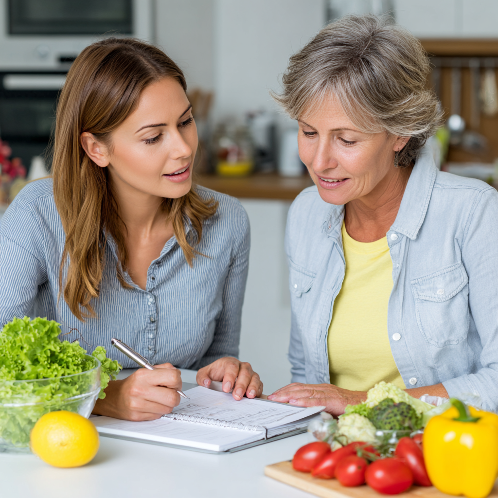 Nutrition specialist consulting with mature adult about healthy meal planning